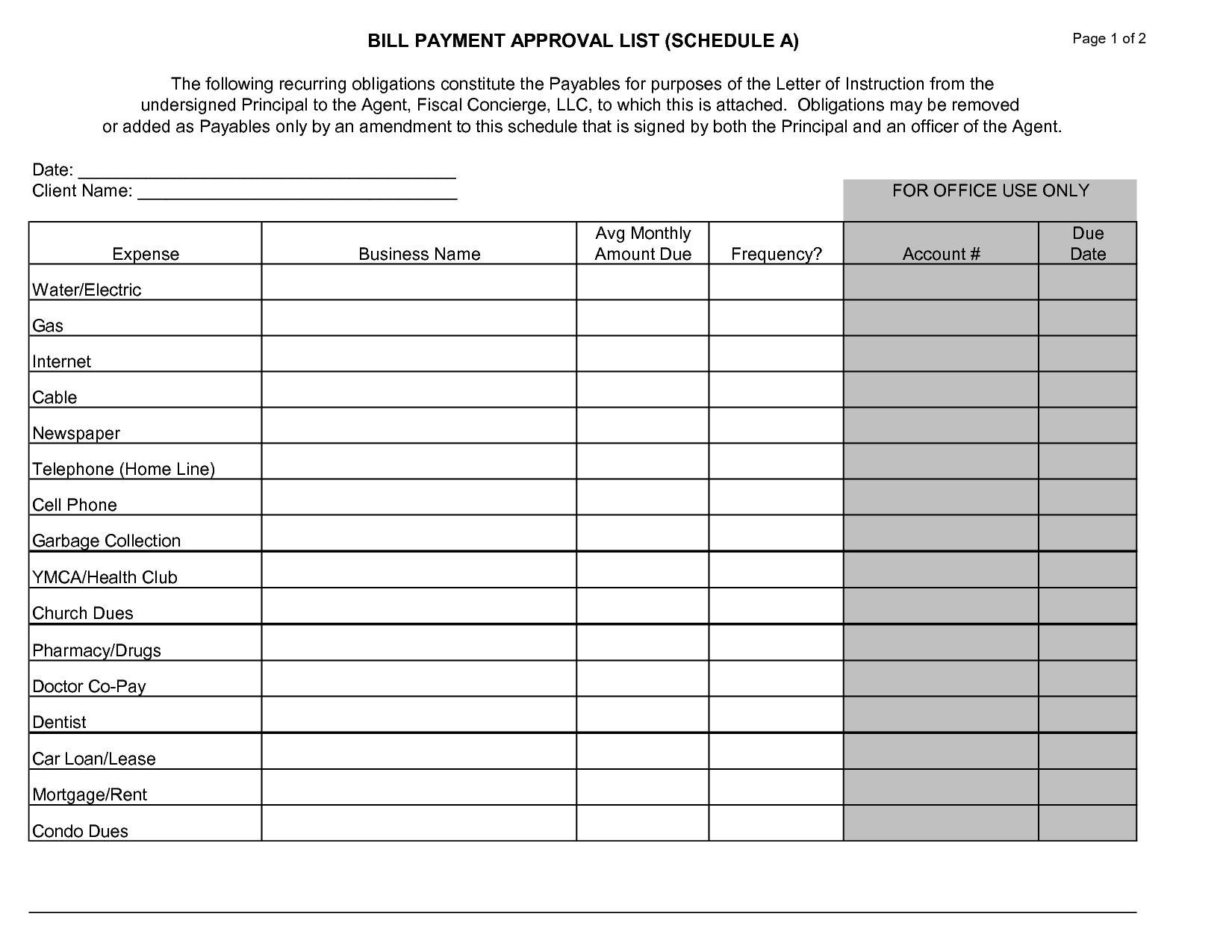 Printable Monthly Billing Chart Example Calendar Printable