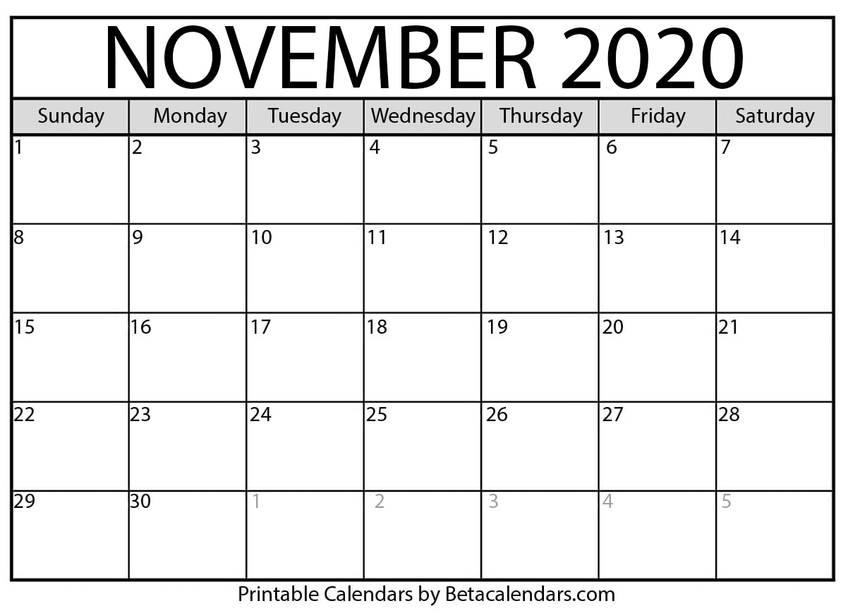 Printable November 2020 Calendar - Beta Calendars