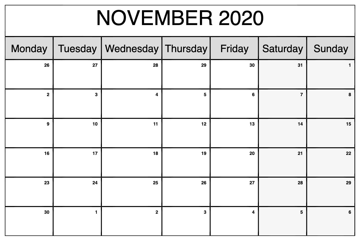 Printable November 2020 Calendar | Calendar, Custom Calendar