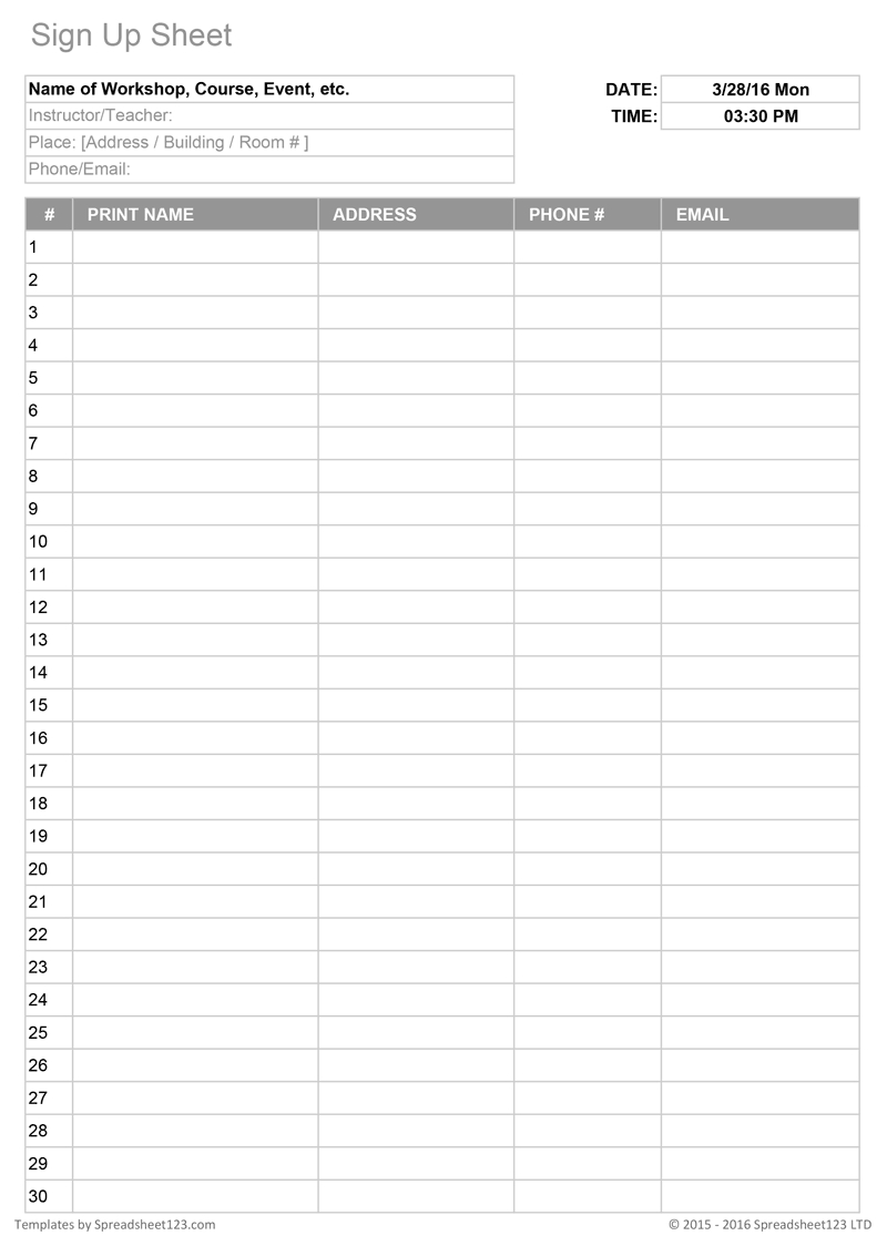 Printable Sign Up Worksheets And Forms For Excel, Word And