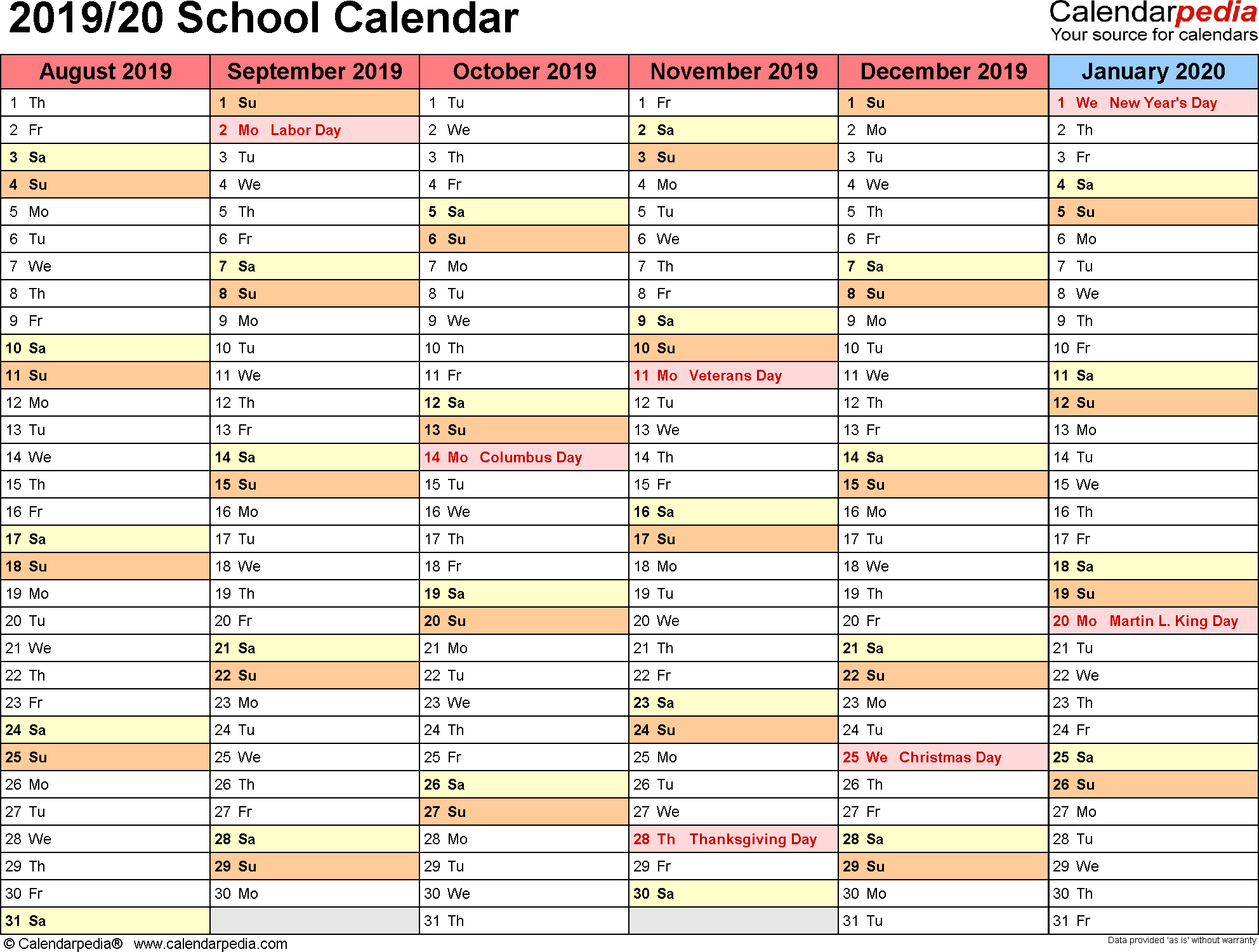 School Calendars 2019/2020 - Free Printable Pdf Templates
