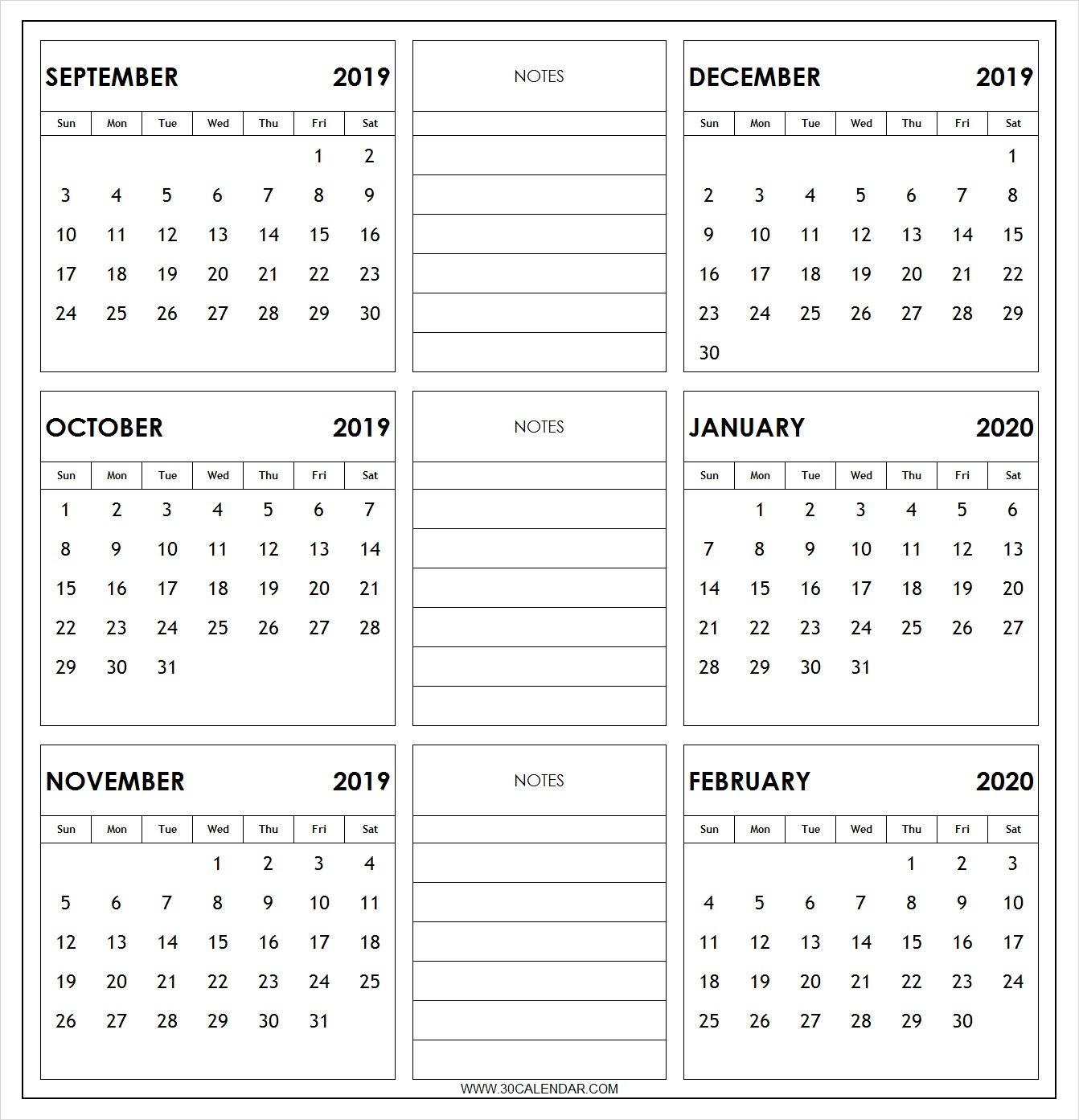 September 2019 To February 2020 Calendar Printable | 6 Month