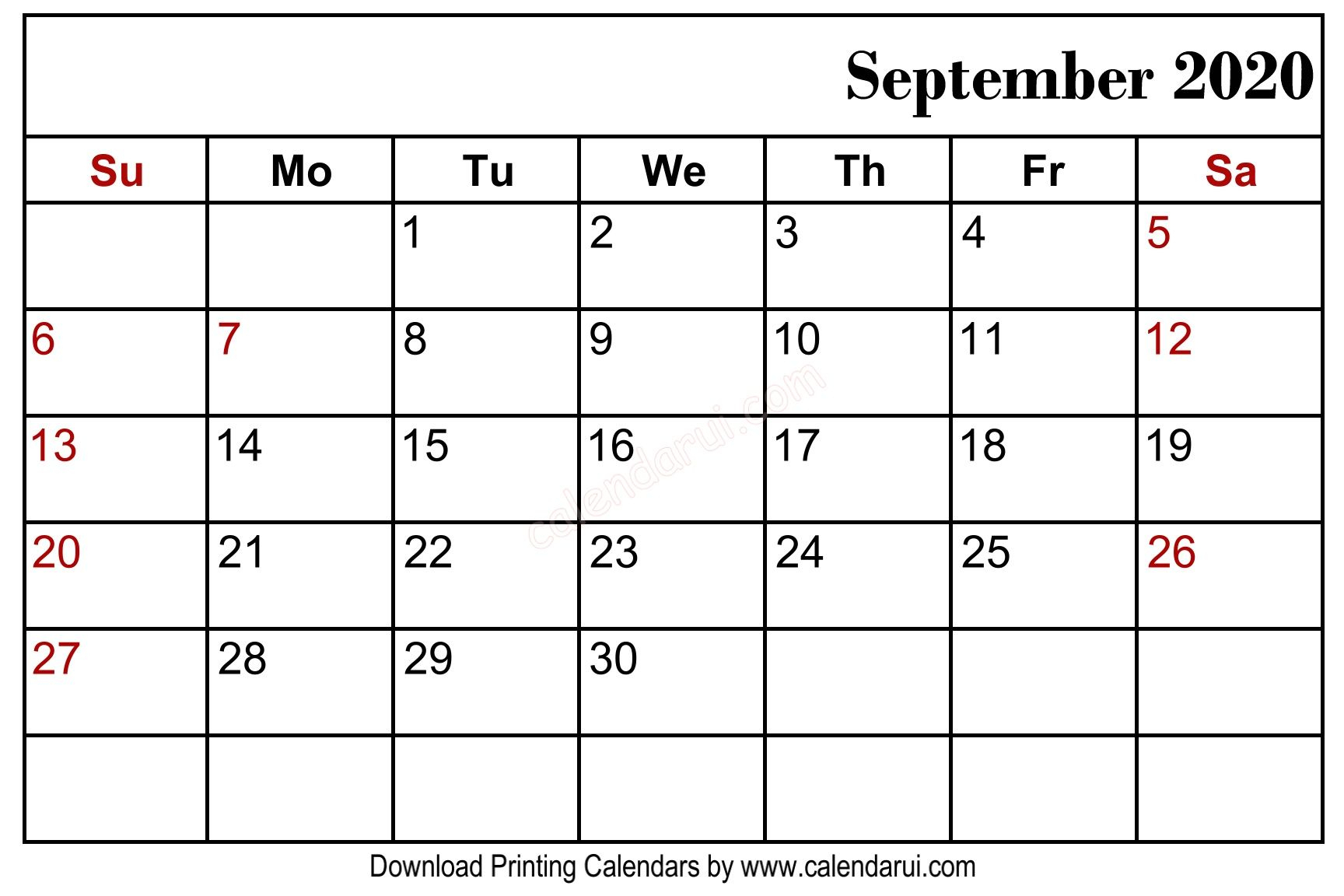September 2020 Blank Calendar Printable Free Download