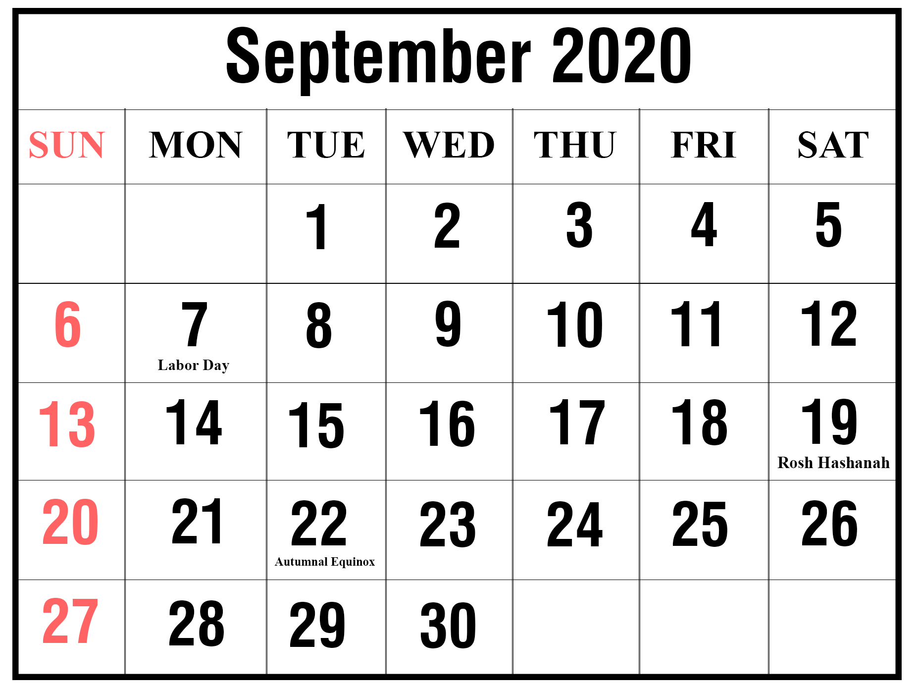 September 2020 Calendar Printable - Ko-Fi ❤️ Where