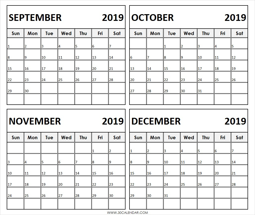 September to December 2019 Calendar