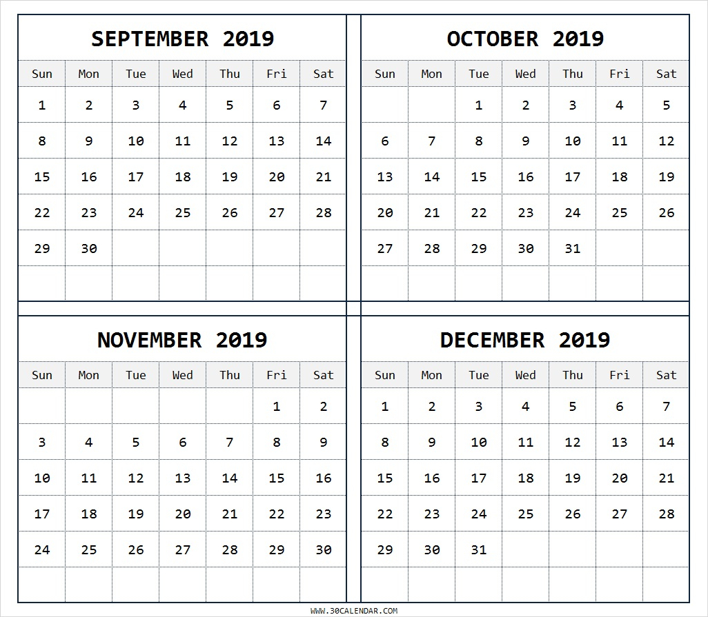 September-To-December-2019-Calendar-Printable-Free - 30 Day