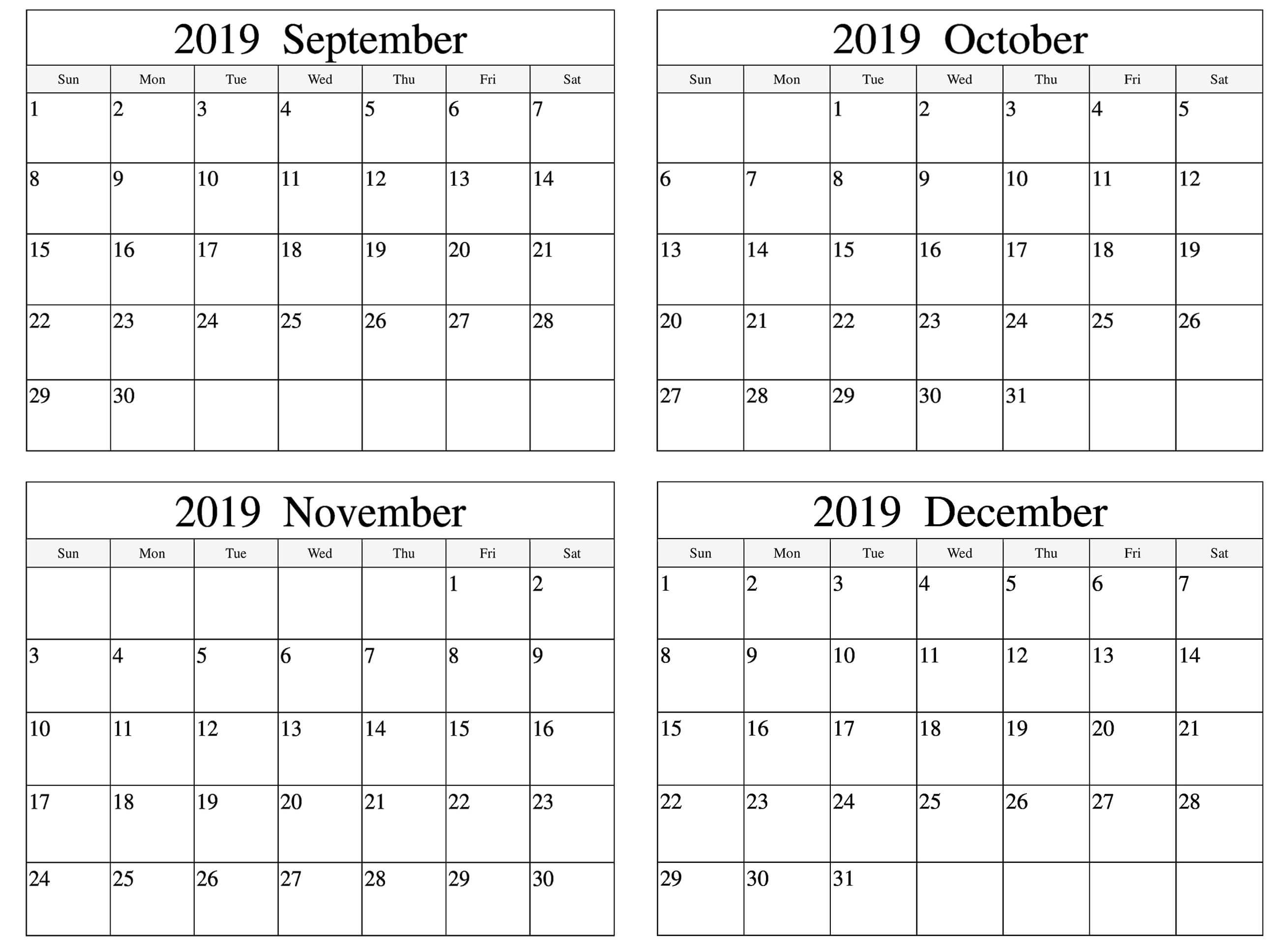 September To December 2019 Calendar Template | September