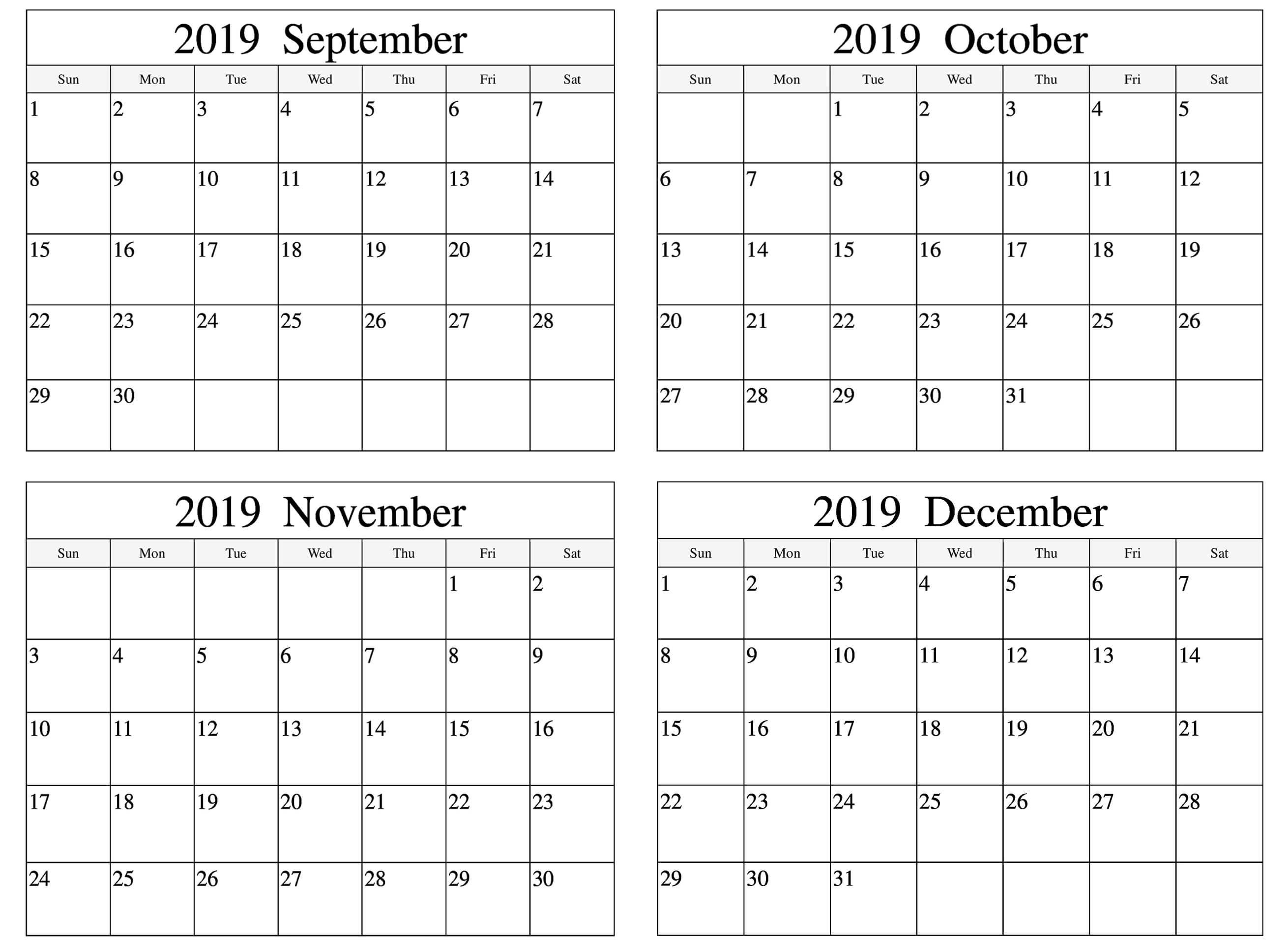 Calendar For 2019 September Through December Example Calendar Printable