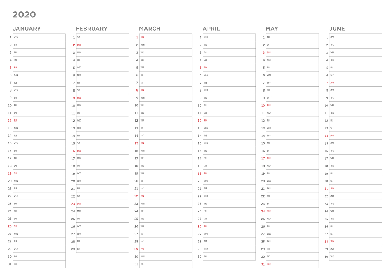 Simple 2020 Printable Pdf Calendar