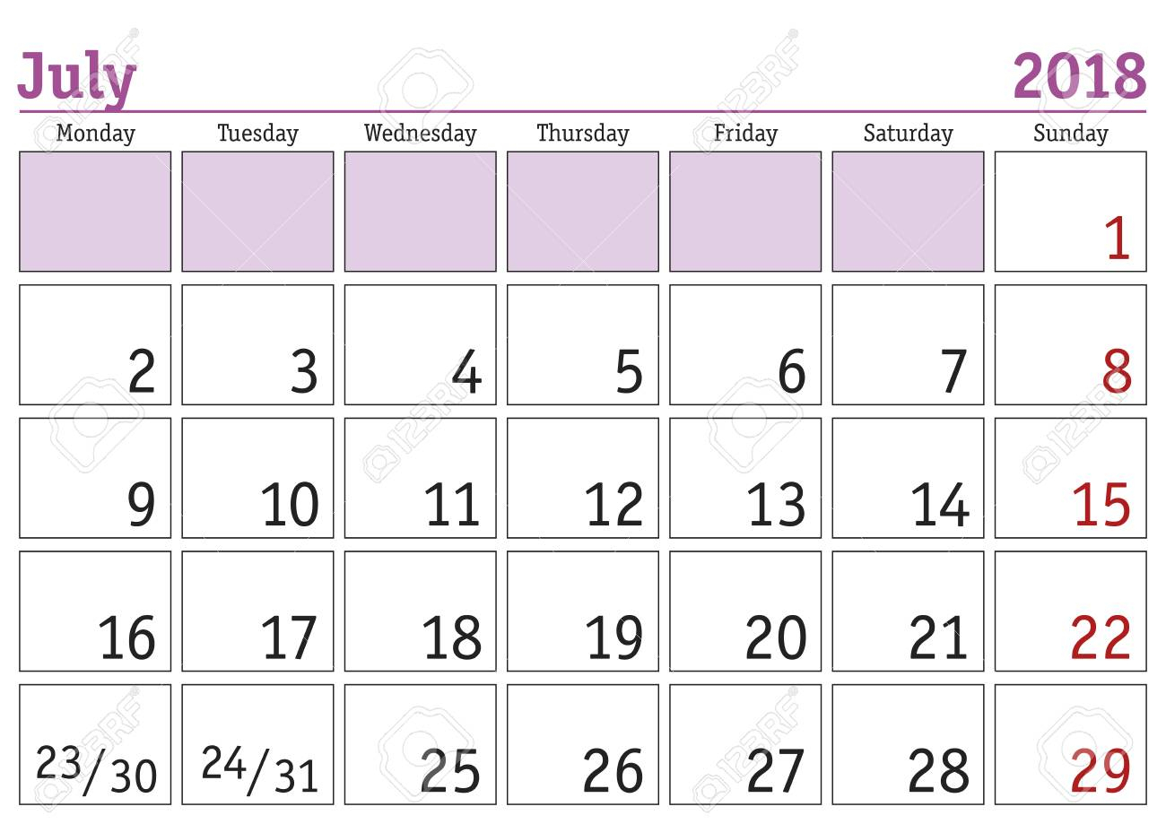 Simple Digital Calendar For July 2018. Vector Printable Calendar