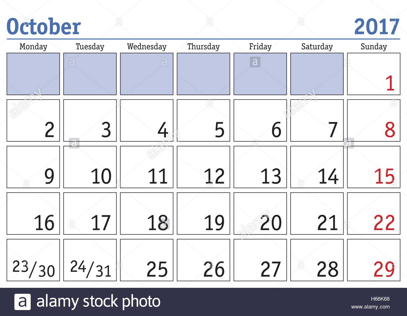 Simple Digital Calendar For October 2017. Vector Printable