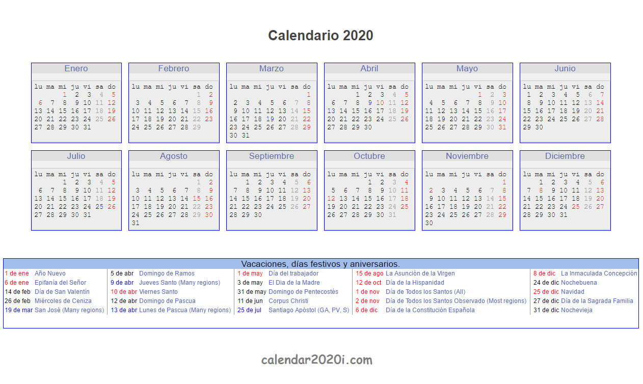 Spanish 2020 Printable Calendar With Holidays, Festivals