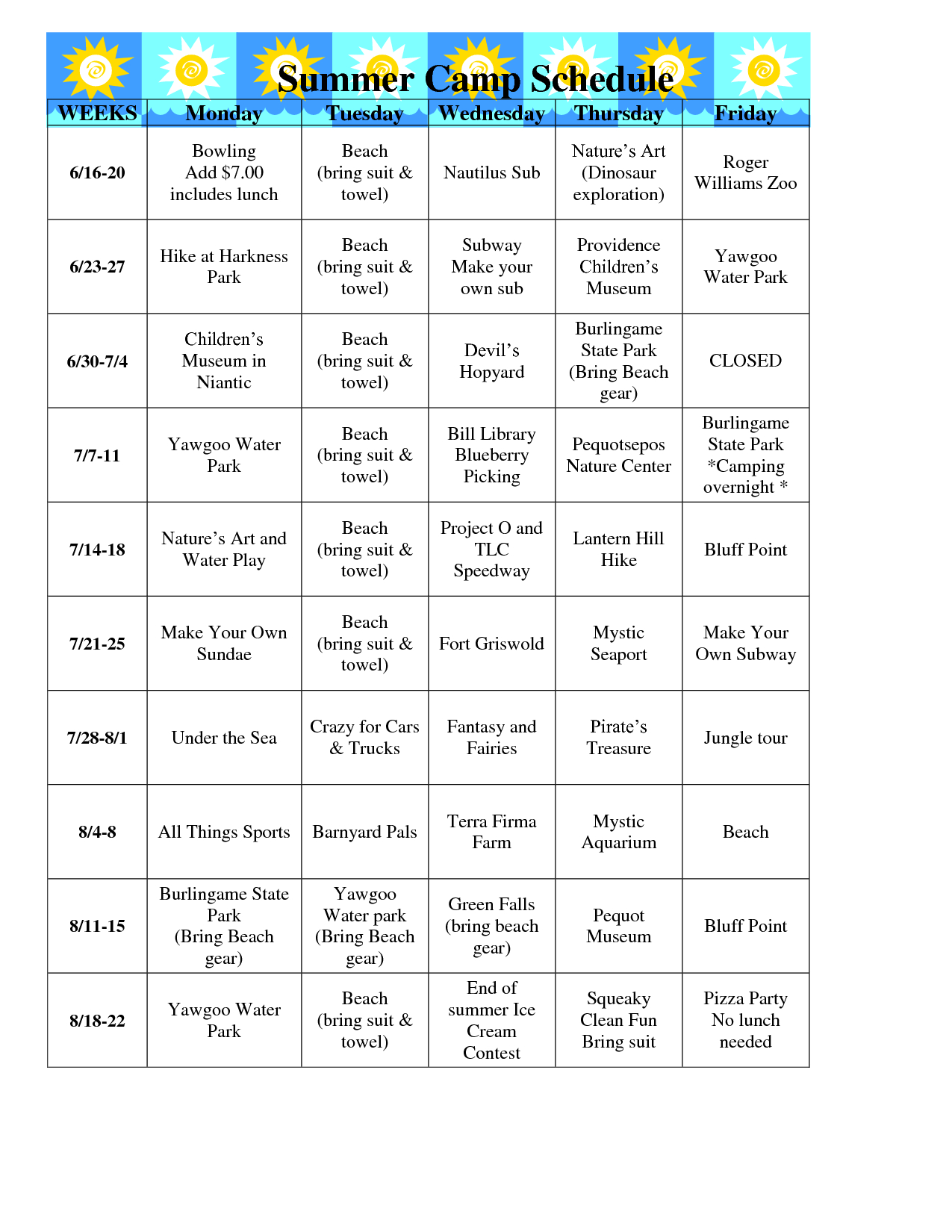 Summer Camp Schedule Template Editable