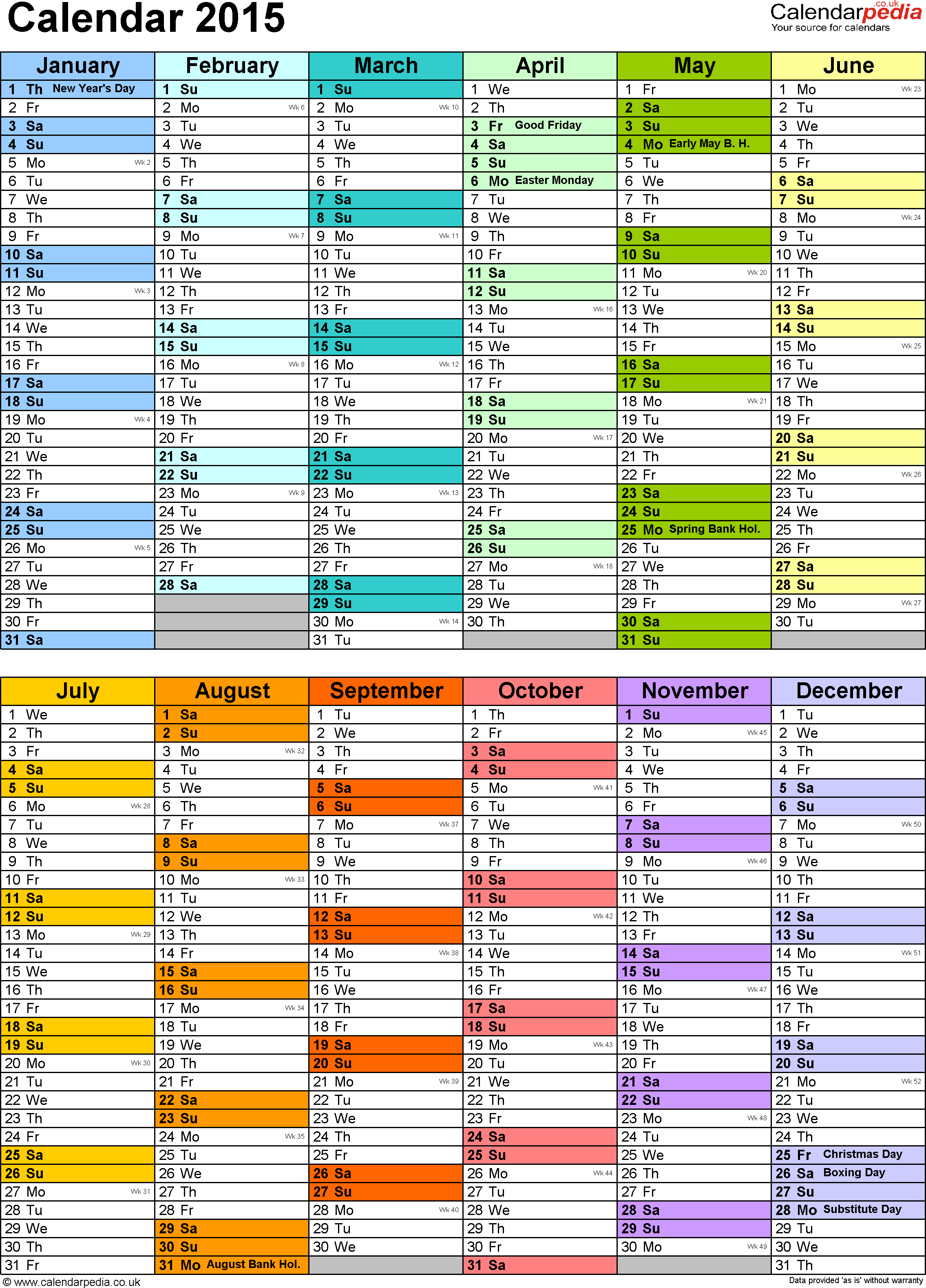 Template 11: Yearly Calendar 2015 As Word Template, Two Half