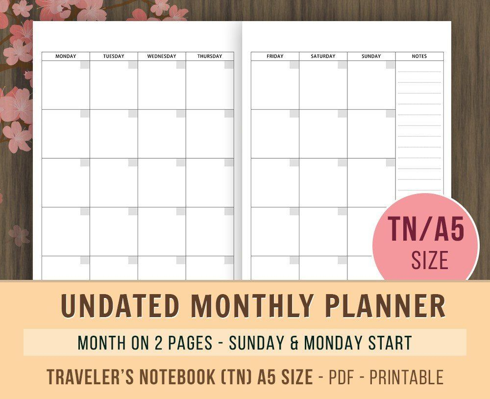 Tn A5 Monthly Planner Inserts, Travelers Notebook Inserts
