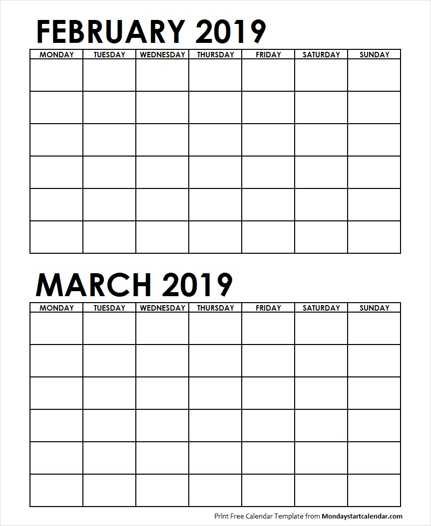 Two Month February March 2019 Calendar Blank Template