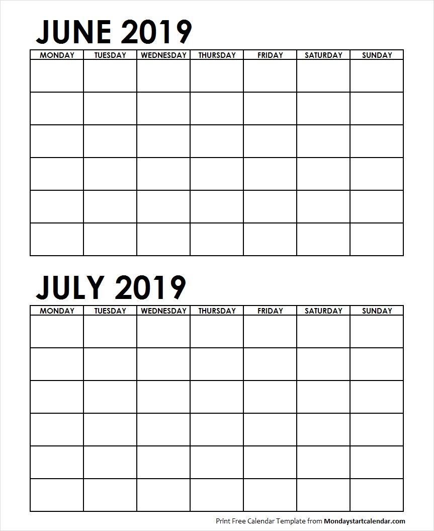 Two Month June July 2019 Calendar Blank | Two Months Template