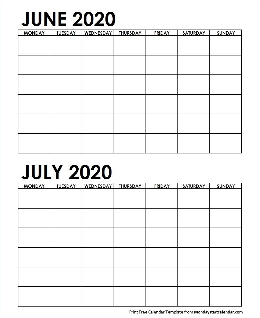 Two Month June July 2020 Calendar Blank | Two Months