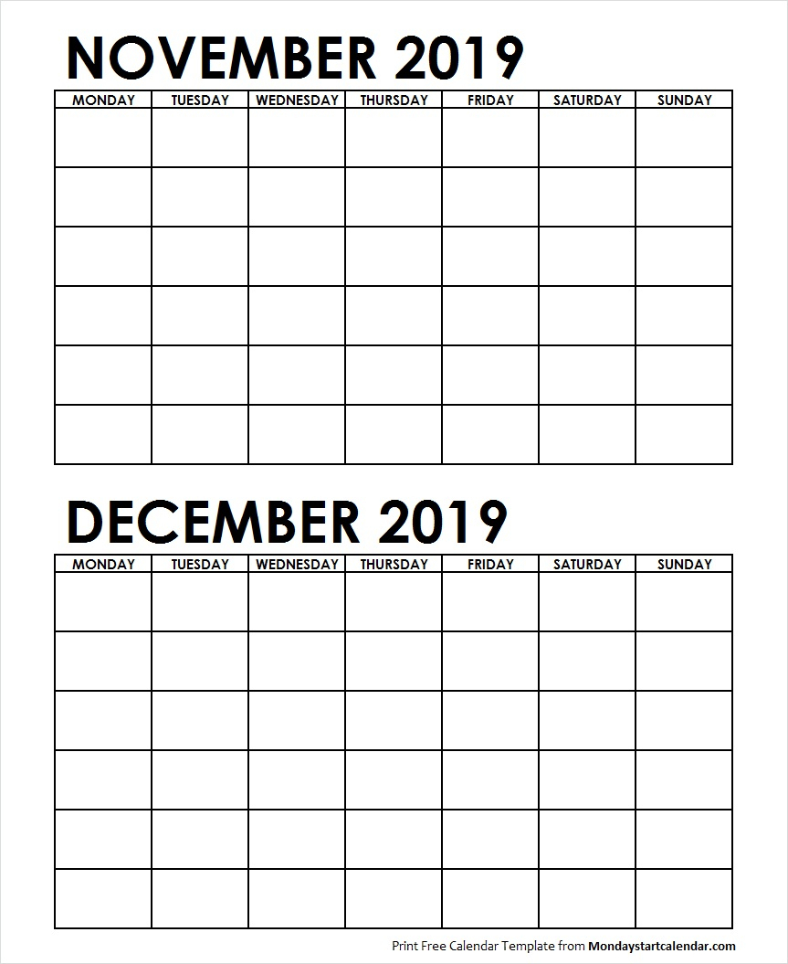 Two Month November December 2019 Calendar Blank Template