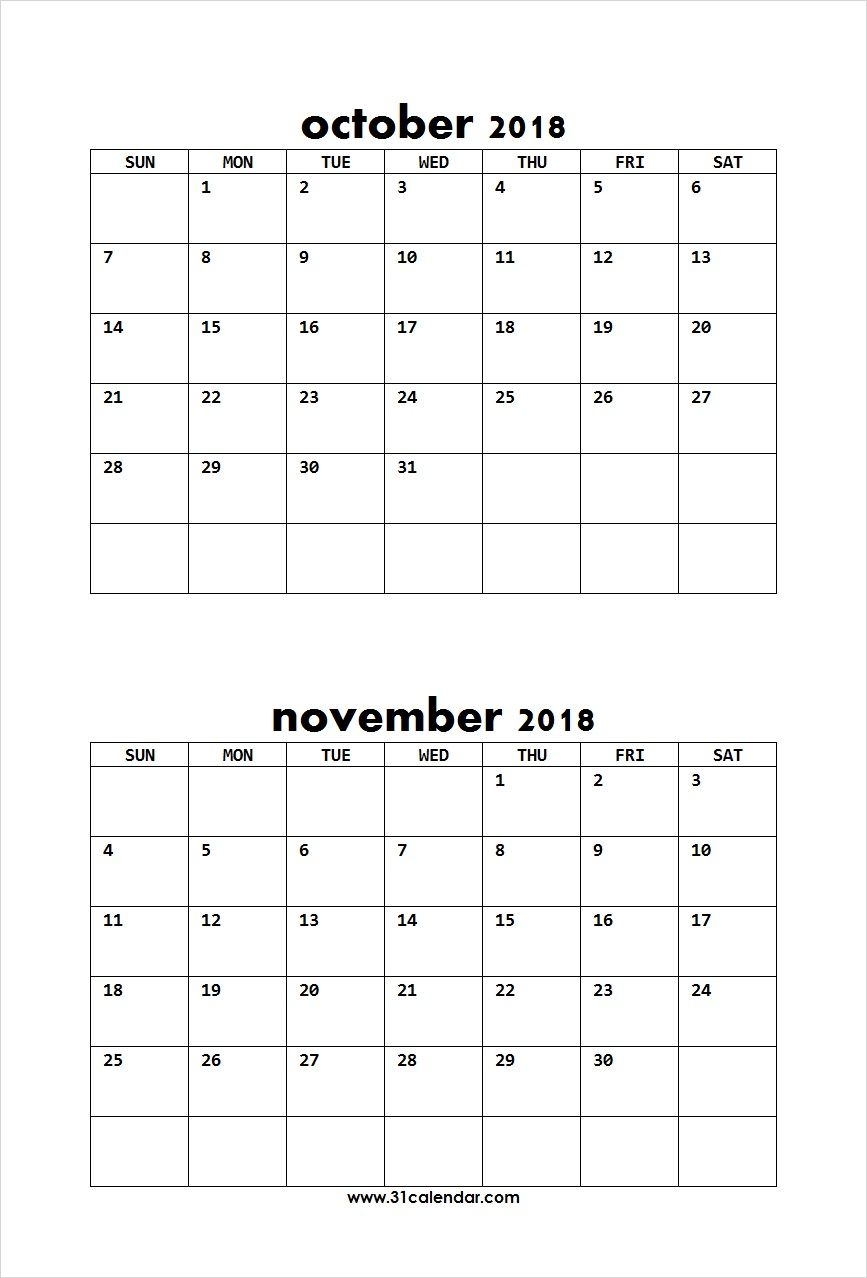 Two Month October November 2018 Calendar To Print Editable