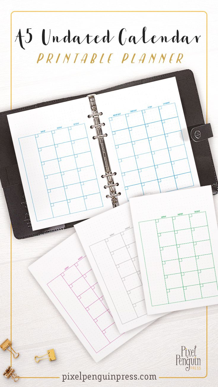Undated Monthly Planner Printable A5, Planner Calendar