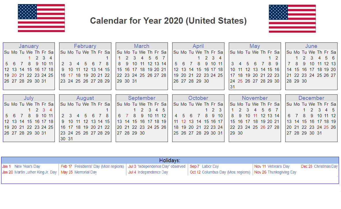 Us 2020 Holidays Calendar | Calendar 2020, Monthly Calendar