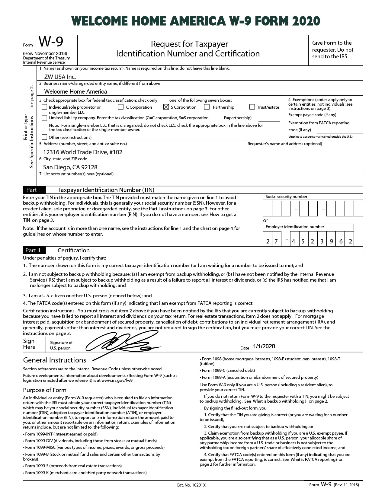 Irs Form W 9 Printable 2020 W9 Forms 2020 Printable W 8627