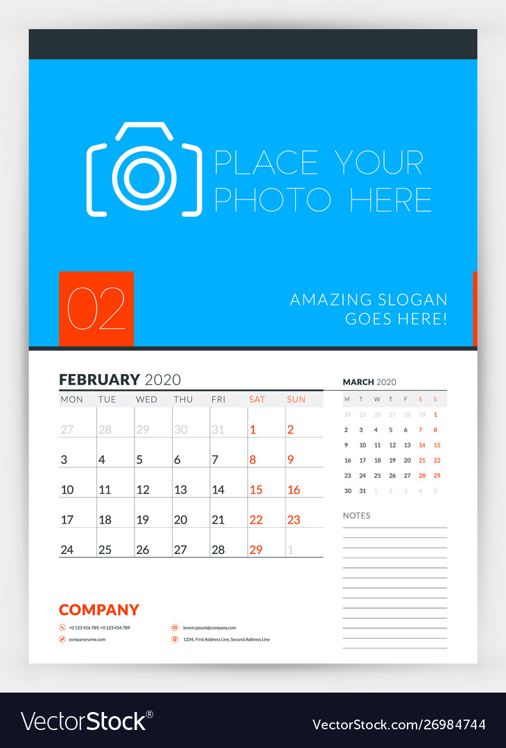 Wall Calendar Planner Template For February 2020