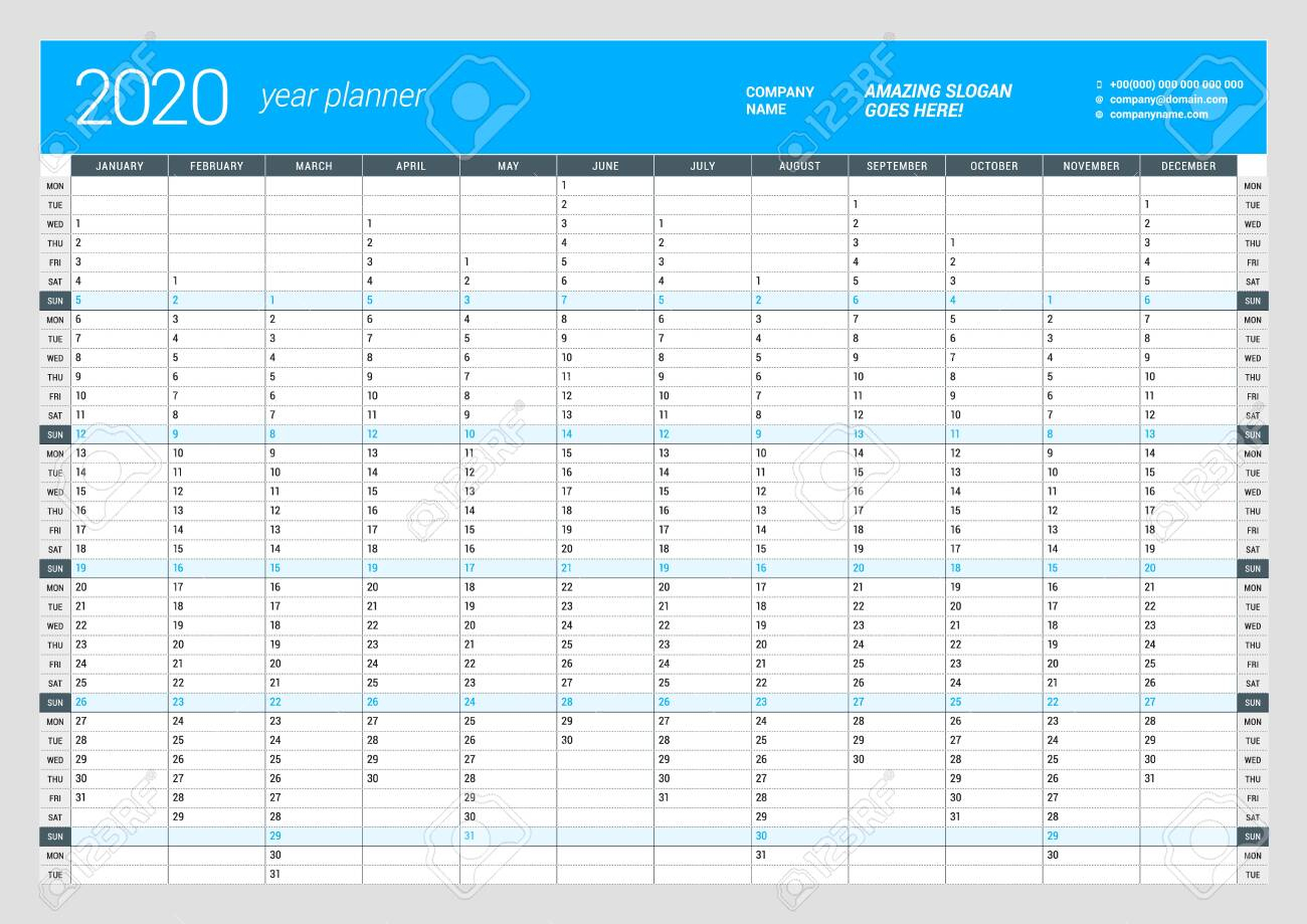 Wall Calendar Yearly Planner Template For 2020. Vector Design..