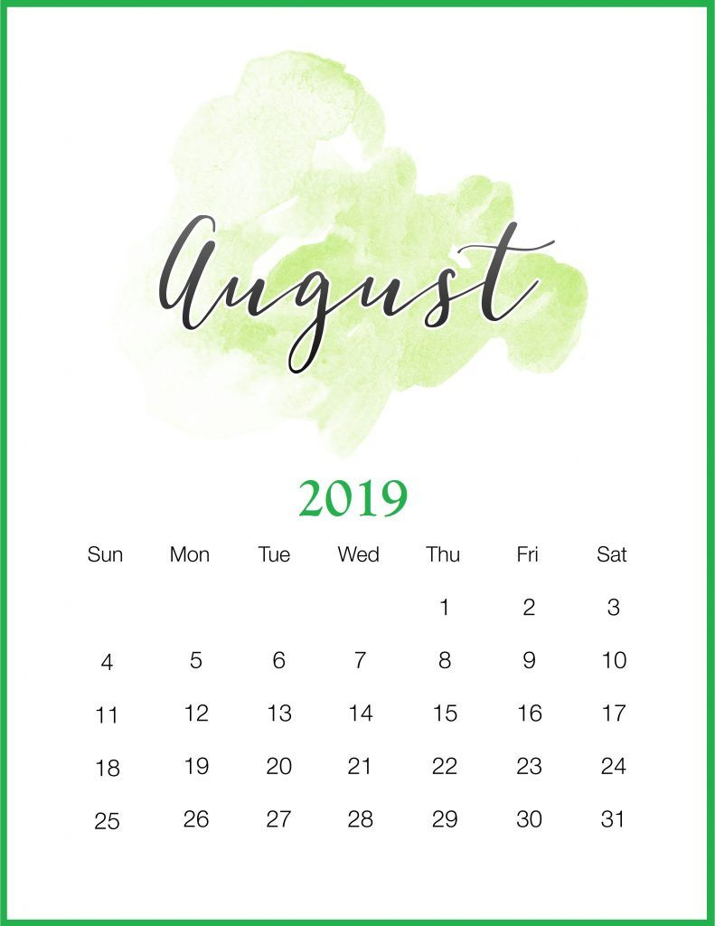 Watercolor 2019 August Printable Calendar | Календарь Для