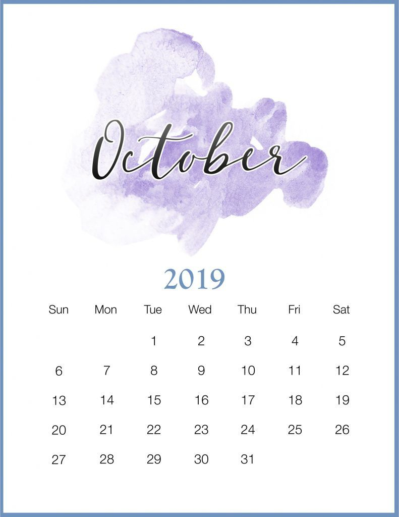 Watercolor 2019 October Printable Calendar | Печатные