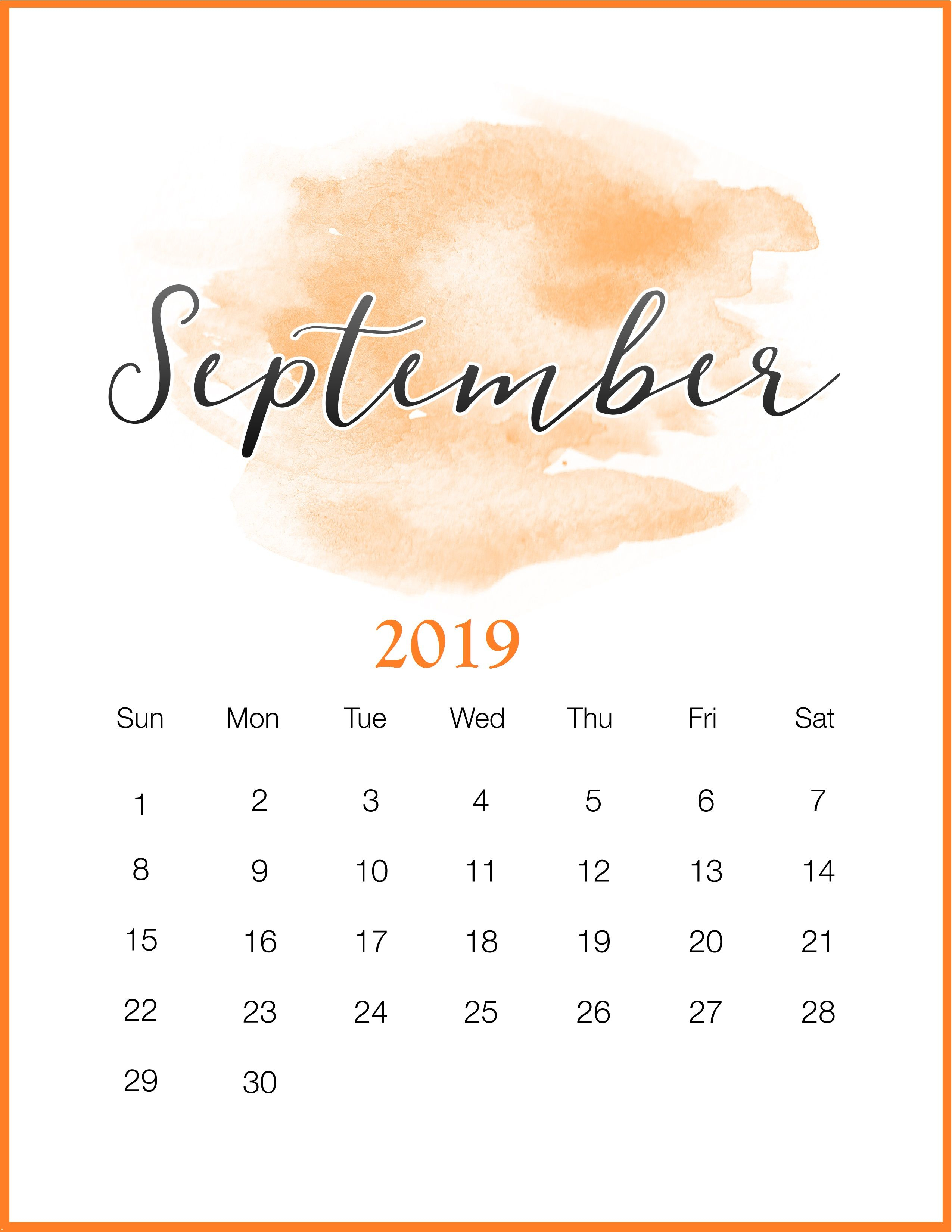 Watercolor 2019 September Printable Calendar | Печатные