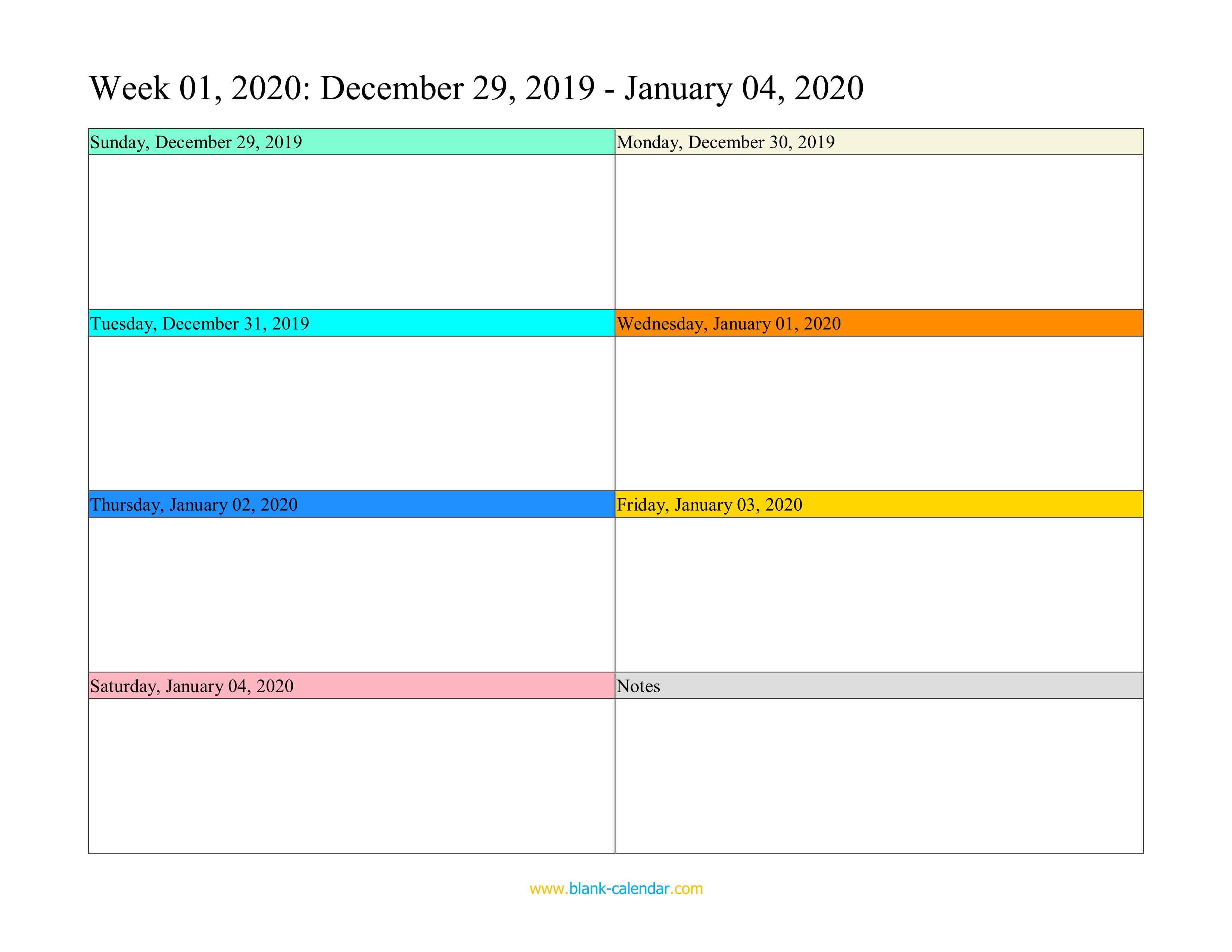 Weekly Calendar 2020 (Word, Excel, Pdf)