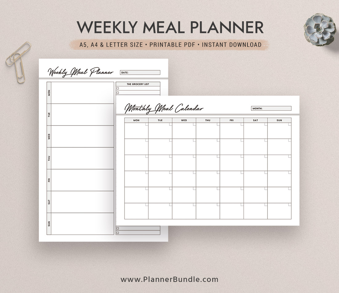 Weekly Meal Planner Inserts, 2020 Menu Planner, Monthly Meal Calendar, A5,  A4, Letter Size, Planner Pages, Planner Design, Printable Planner Inserts