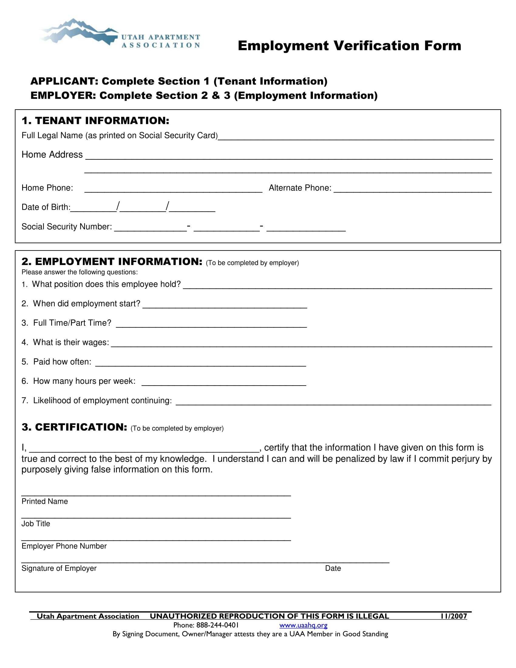 Printable Employment Verification Form Template Printable Templates