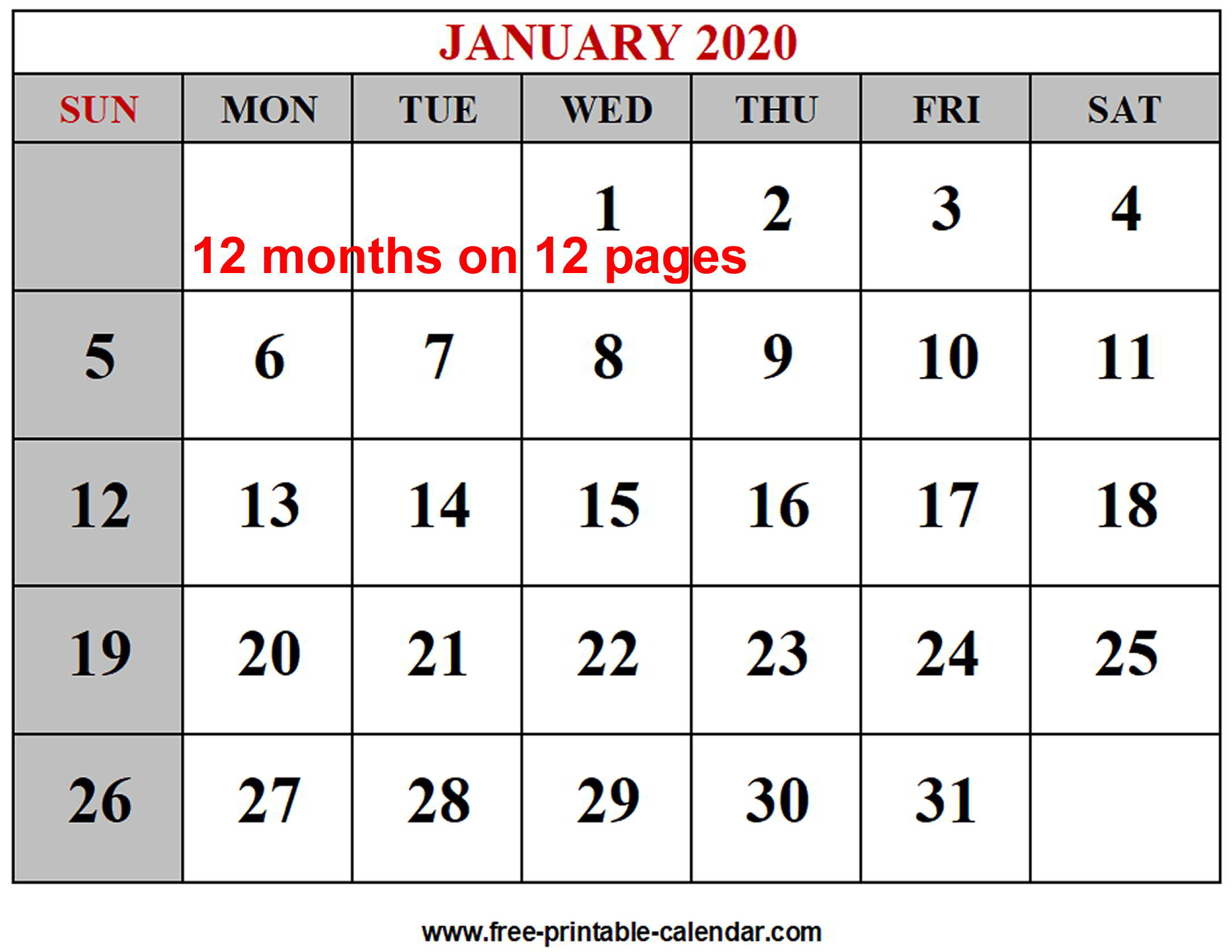 Year 2020 Calendar Templates - Free-Printable-Calendar