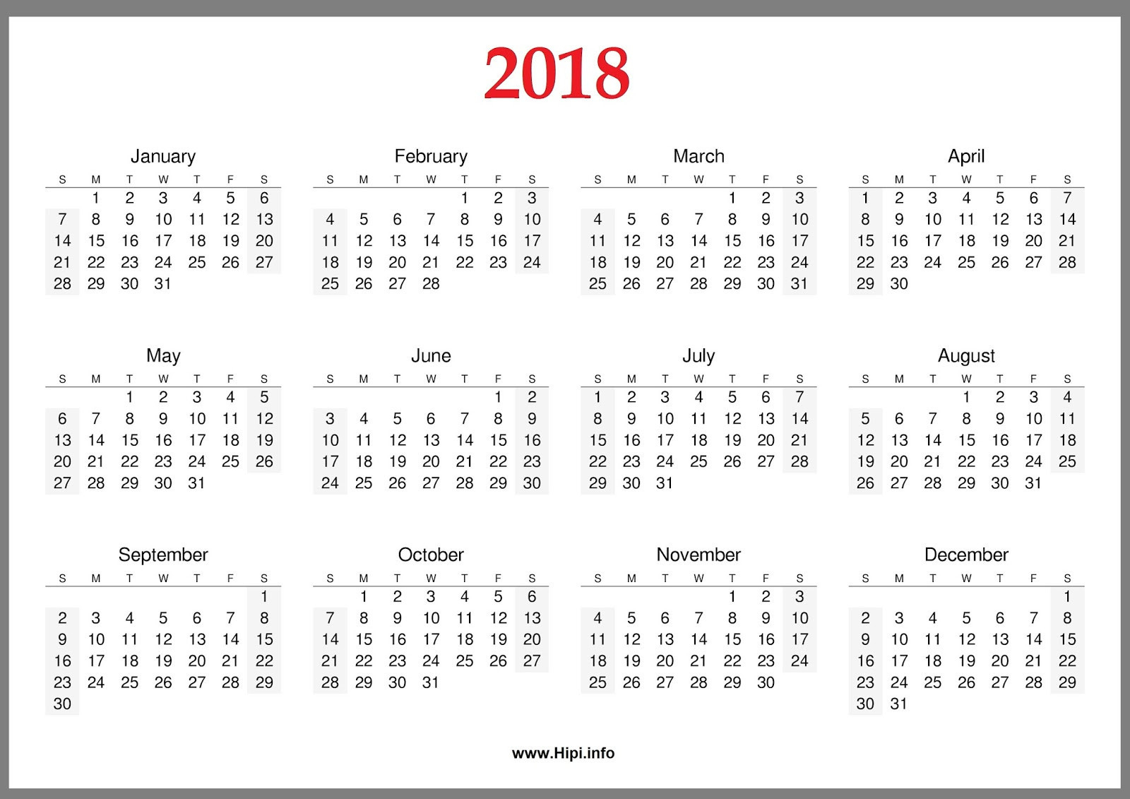 Year At A Glance Calendar 2018 Yearly Calendar At A Glance