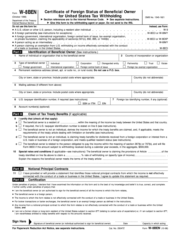 1998 Form Irs W-8Ben Fill Online, Printable, Fillable, Blank