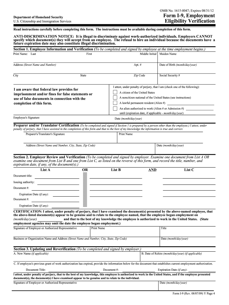 2009 Form Uscis I-9 Fill Online, Printable, Fillable, Blank