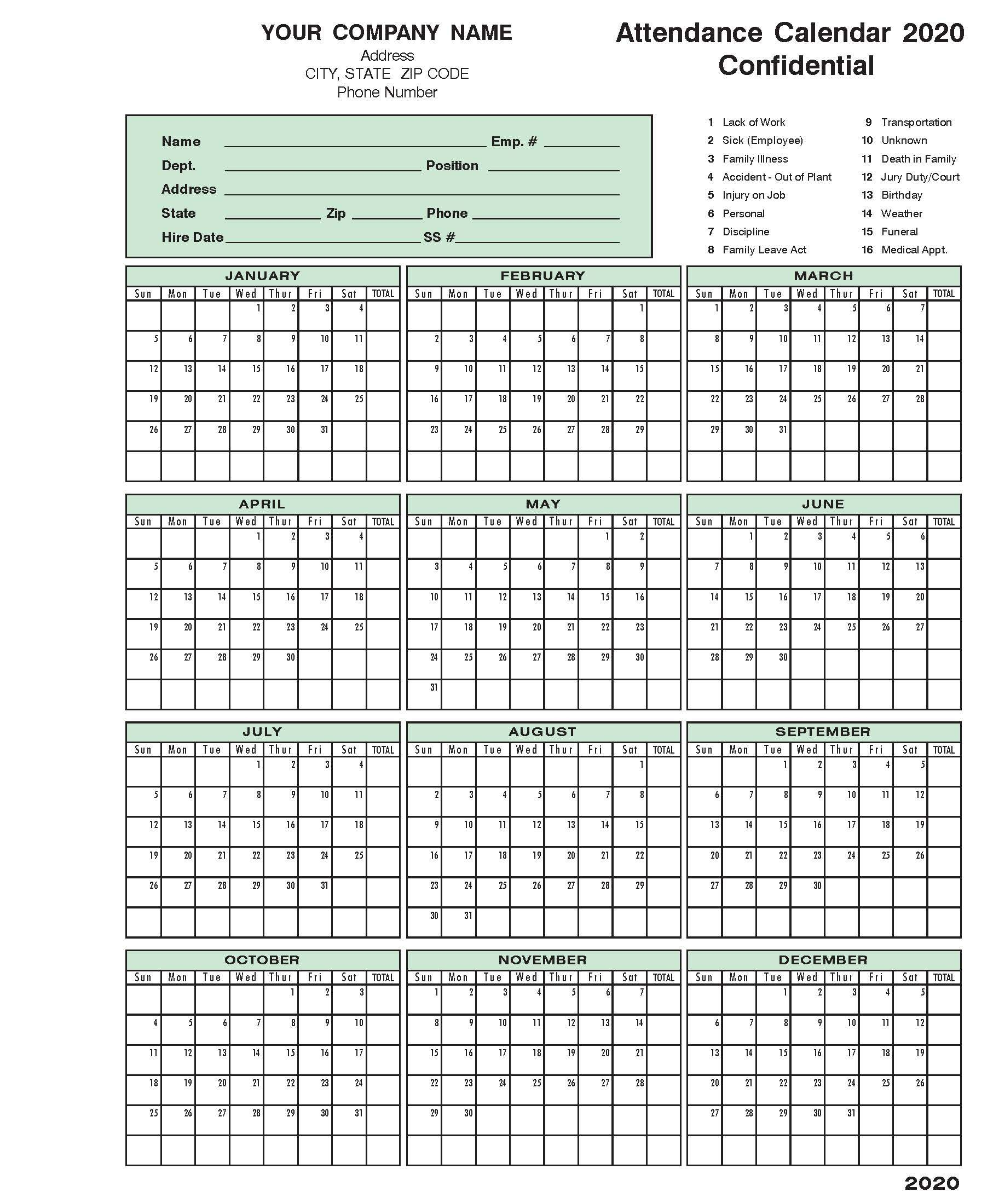 2020 Attendance Calendar | Calendar Template, Calendar 2020