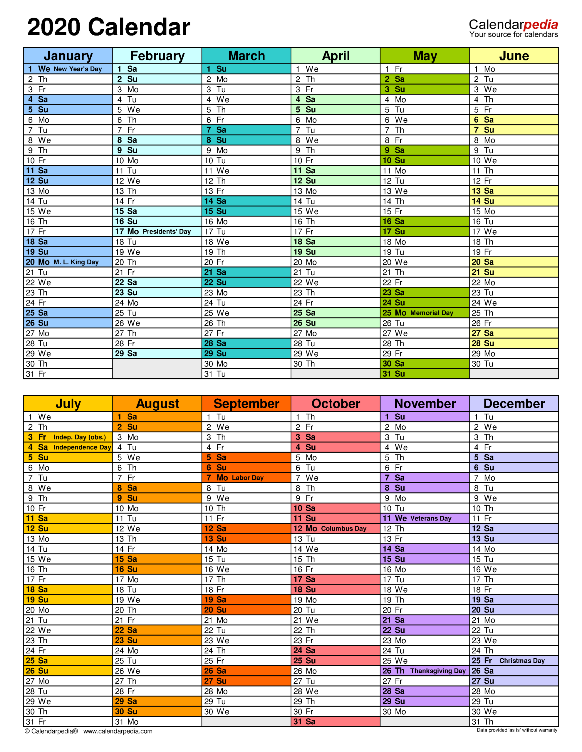 2020 Calendar - Free Printable Excel Templates - Calendarpedia