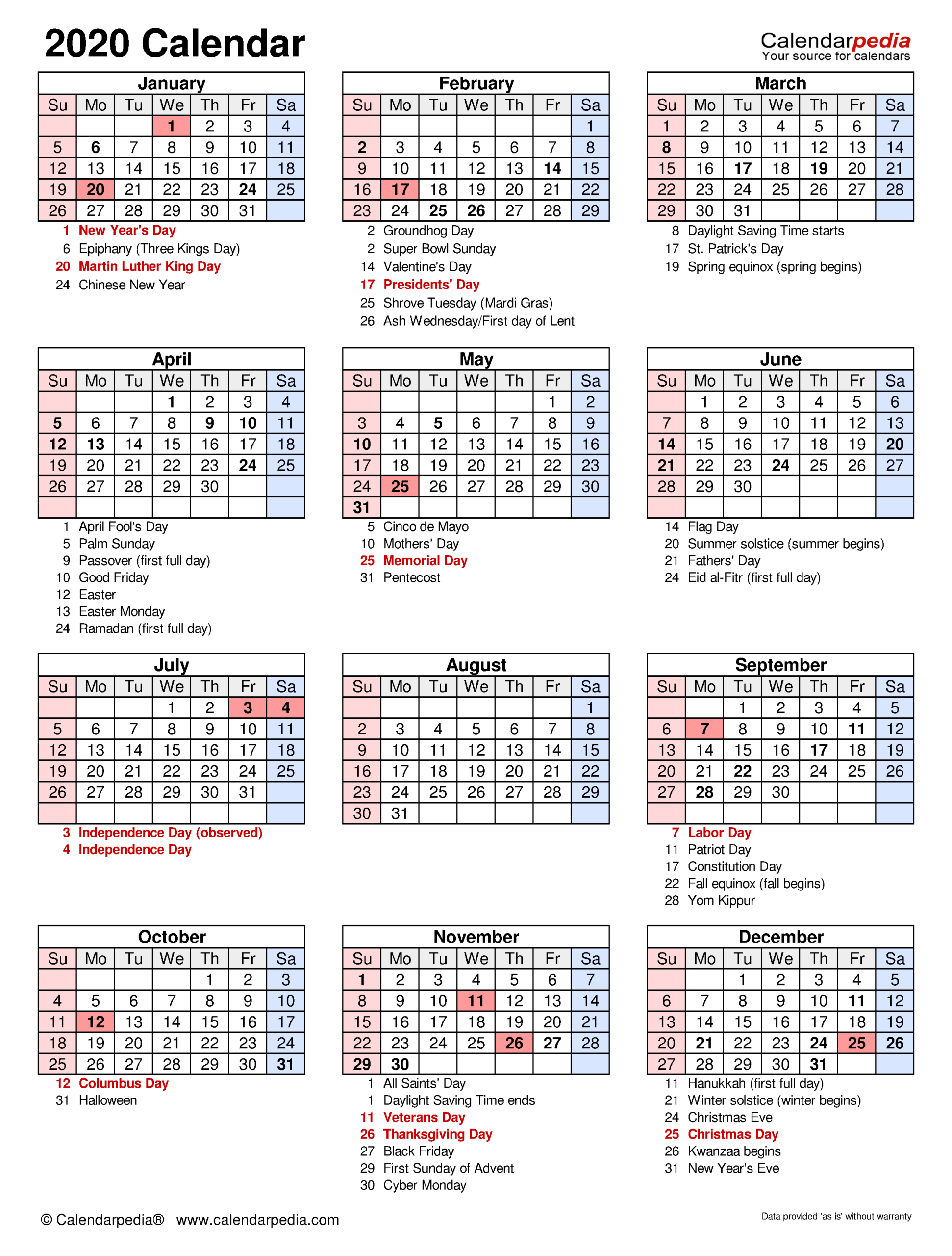 2020 Calendar - Free Printable Excel Templates - Calendarpedia