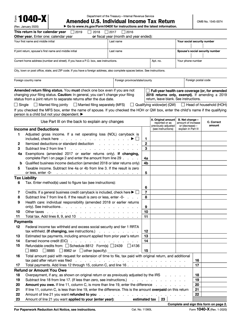 2020 Form Irs 1040-X Fill Online, Printable, Fillable, Blank