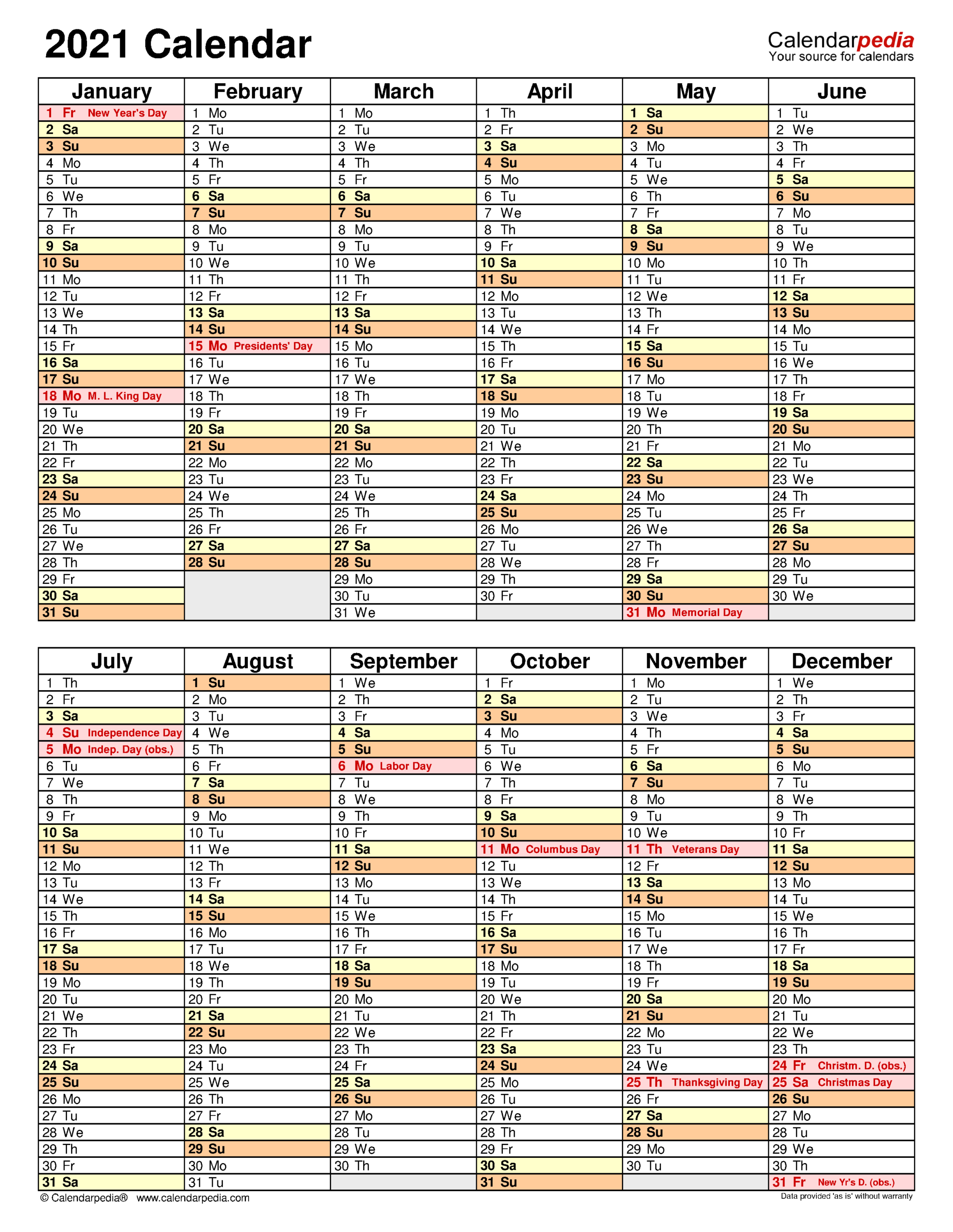 2021 Calendar - Free Printable Excel Templates - Calendarpedia