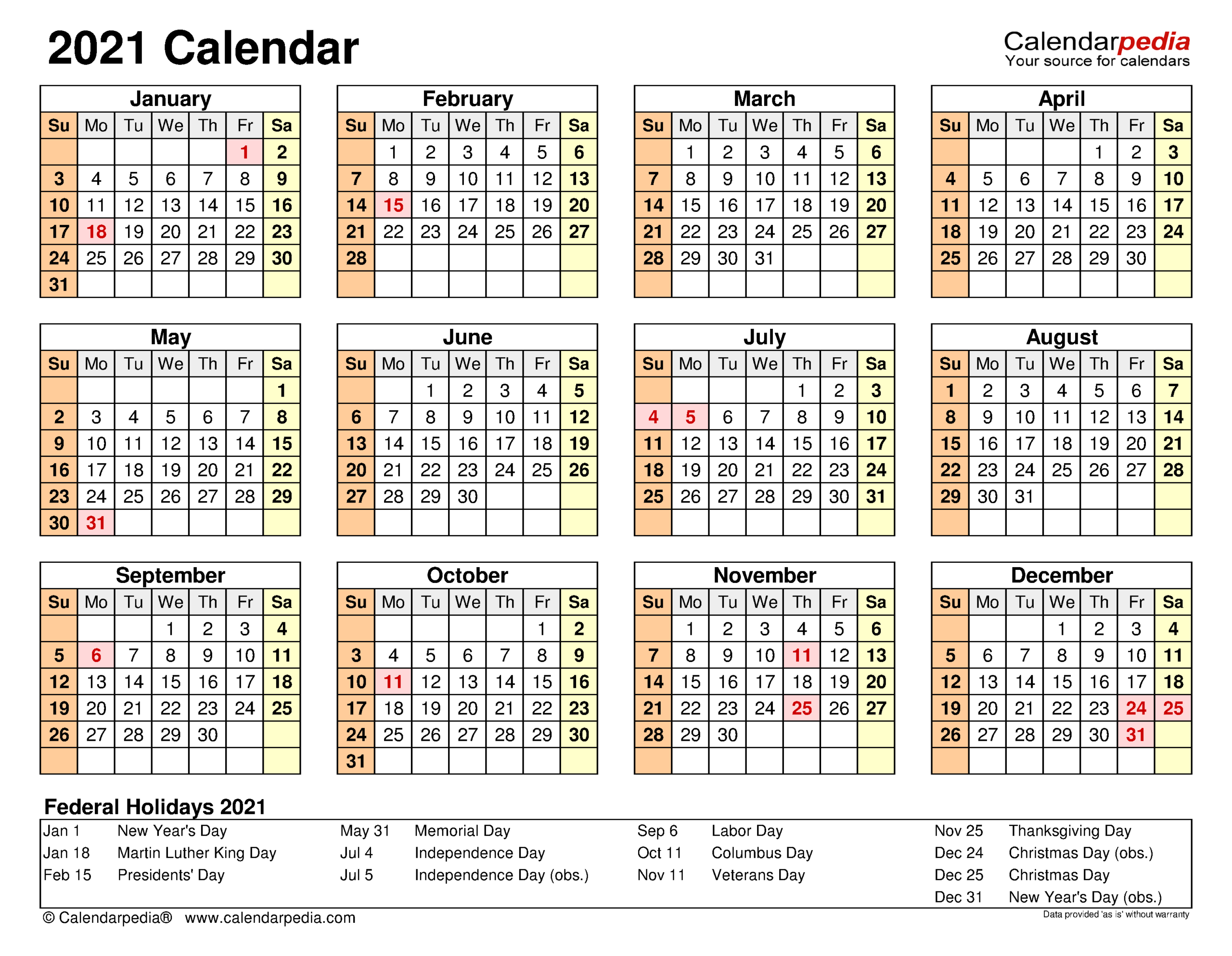 2021 Calendar - Free Printable Pdf Templates - Calendarpedia