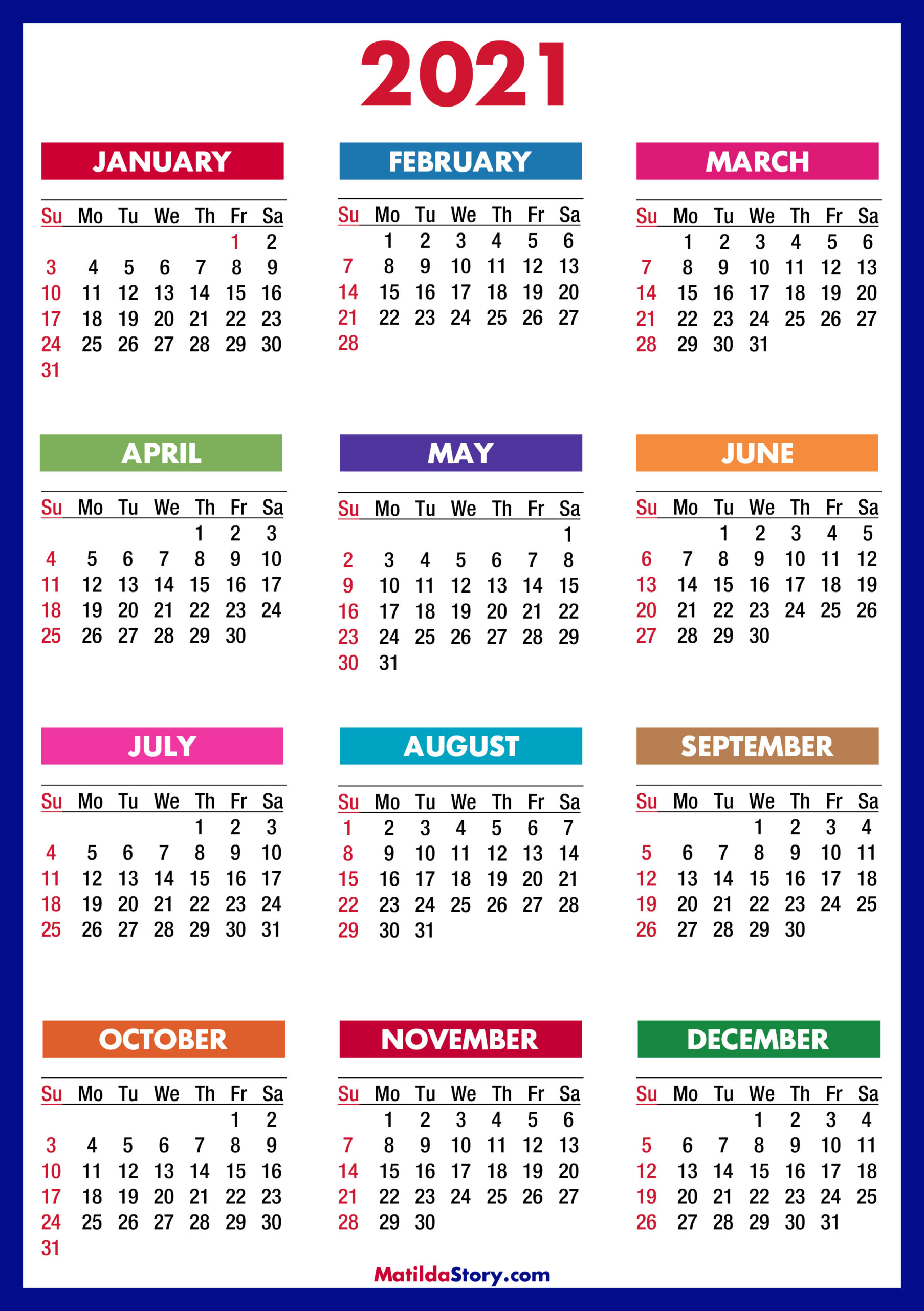 2021 Calendar Printable Free, Colorful, Blue, Green – Sunday