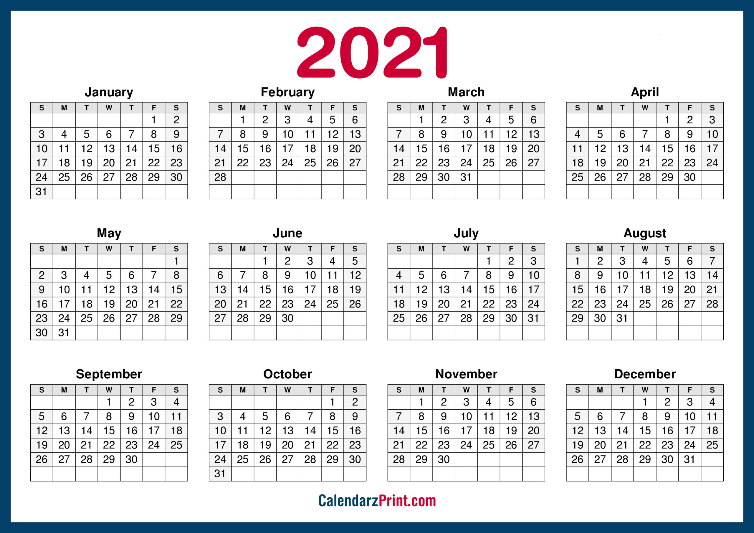 2021 Calendar Printable Free, Horizontal, Hd, Navy Blue