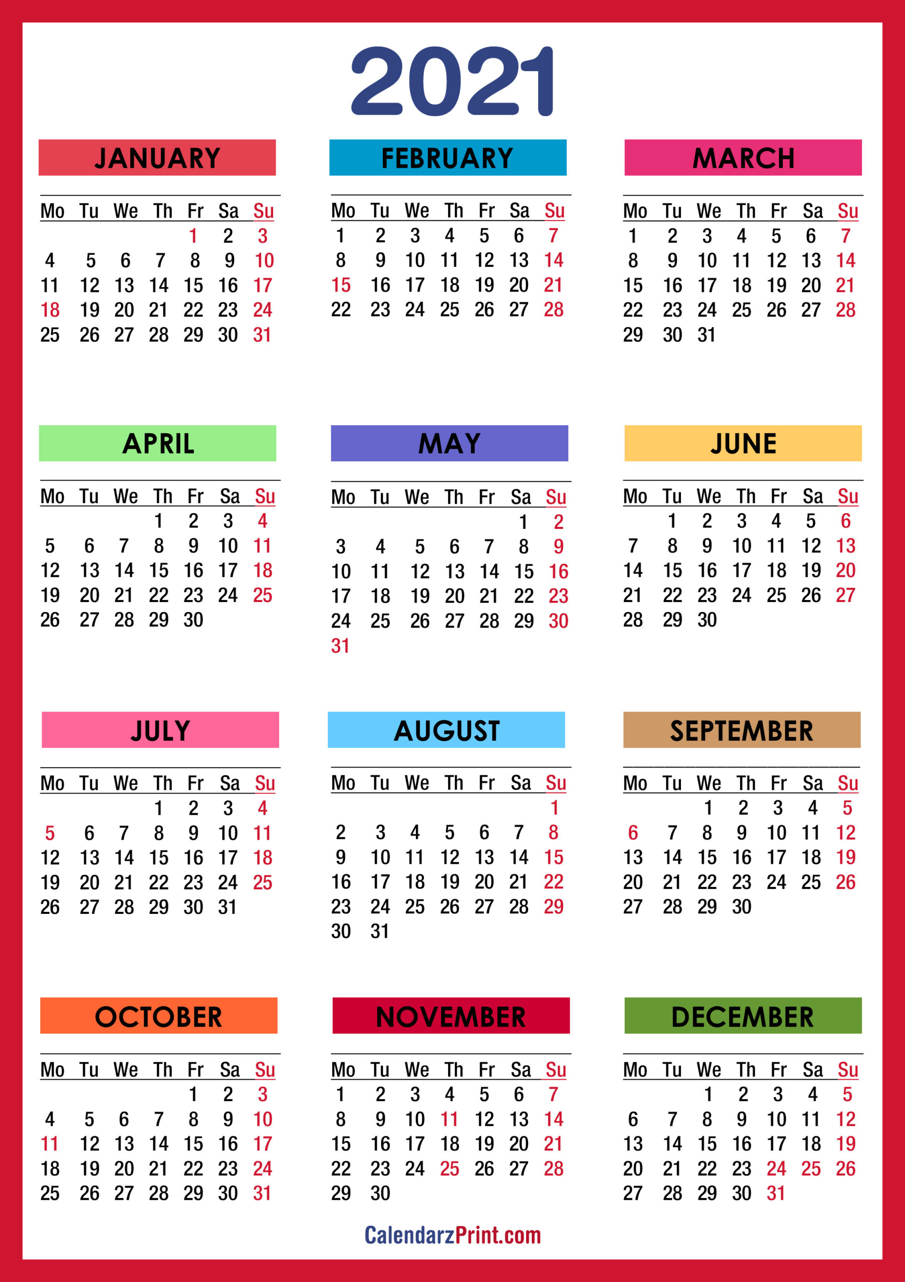 2021 Calendar With Holidays, Printable Free, Colorful, Red