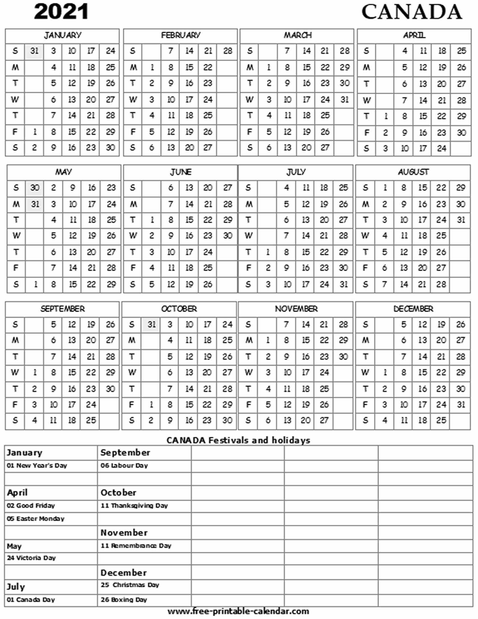 Calendar 2021 Canada Example Calendar Printable