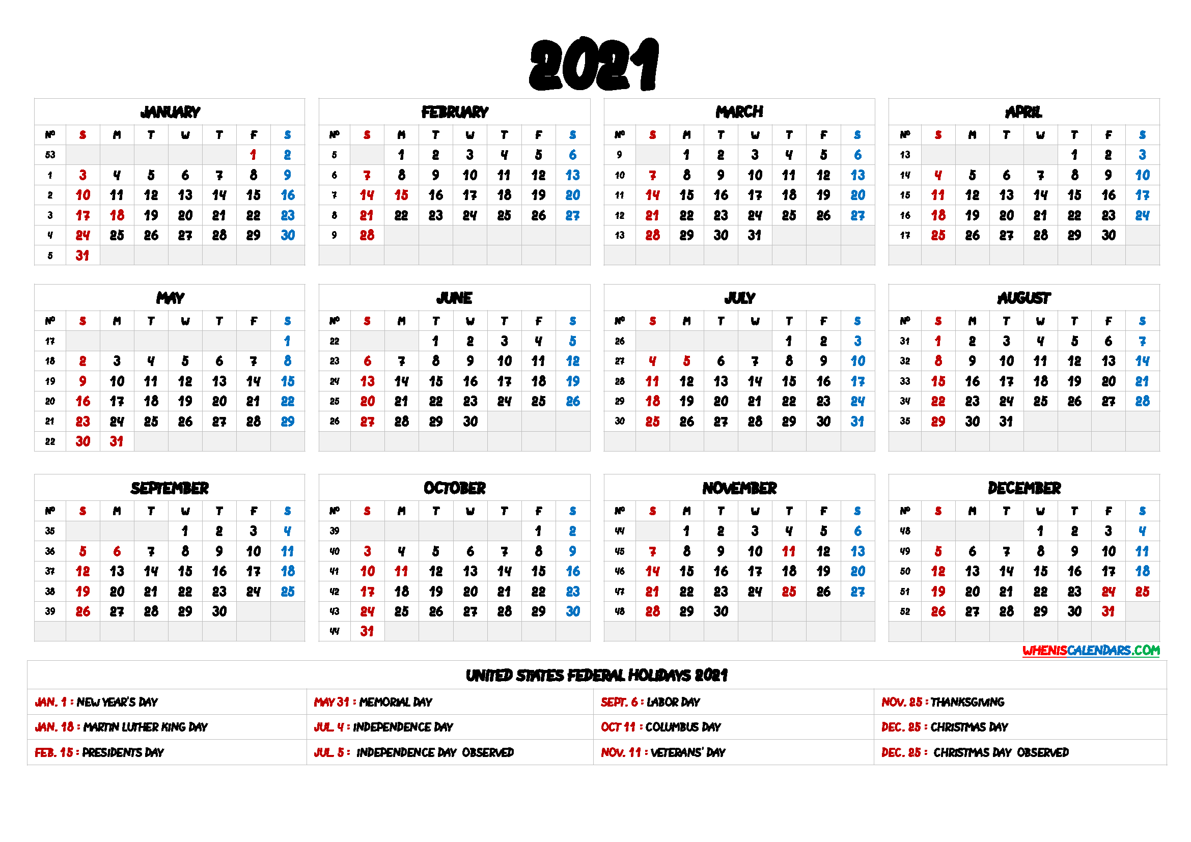 2021 One Page Calendar Printable - 9 Templates